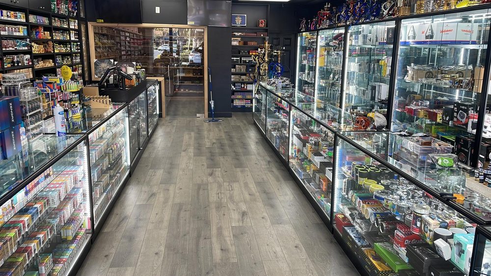 Glass accessories displayed inside a smoke shop